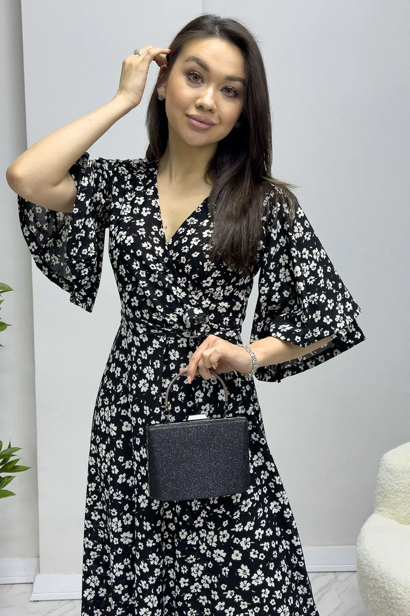 Siyah Krep Çiçek Desen Valonlu Elbise