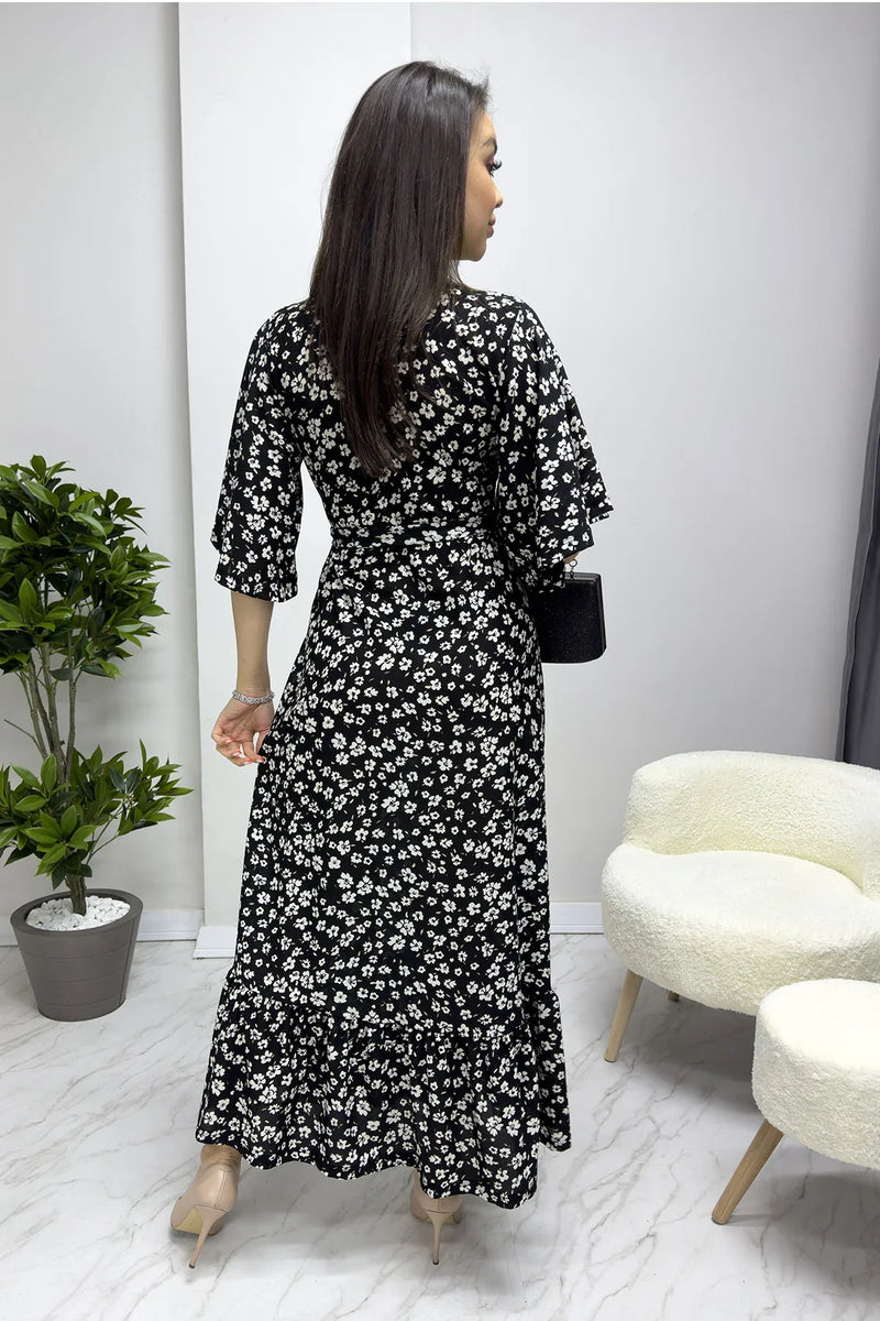 Siyah Krep Çiçek Desen Valonlu Elbise