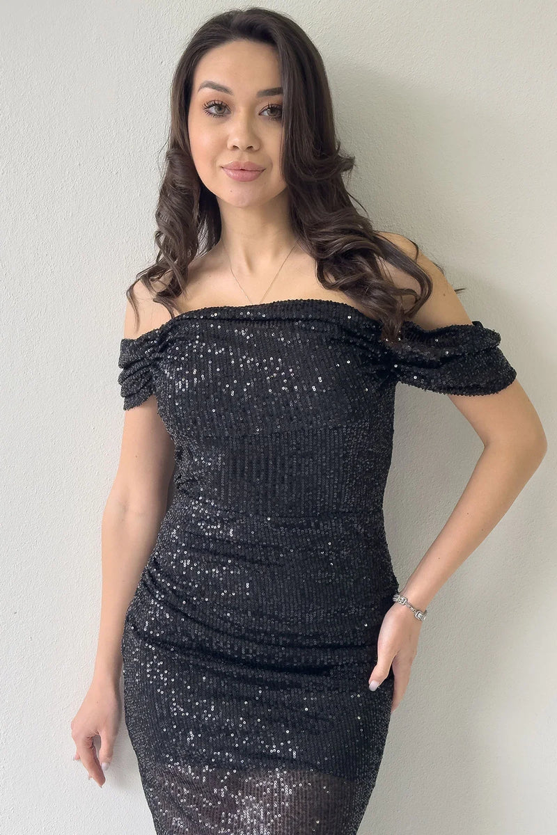 Siyah Asimetrik Etek Düşük Omuz Midi Boy Payet Abiye Elbise