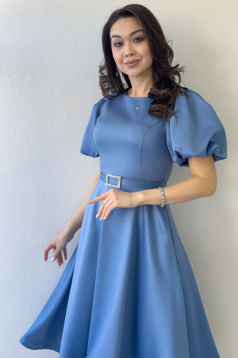 Kadın İndigo Balon Kol Taş Kemerli Midi Boy Saten Abiye Elbise