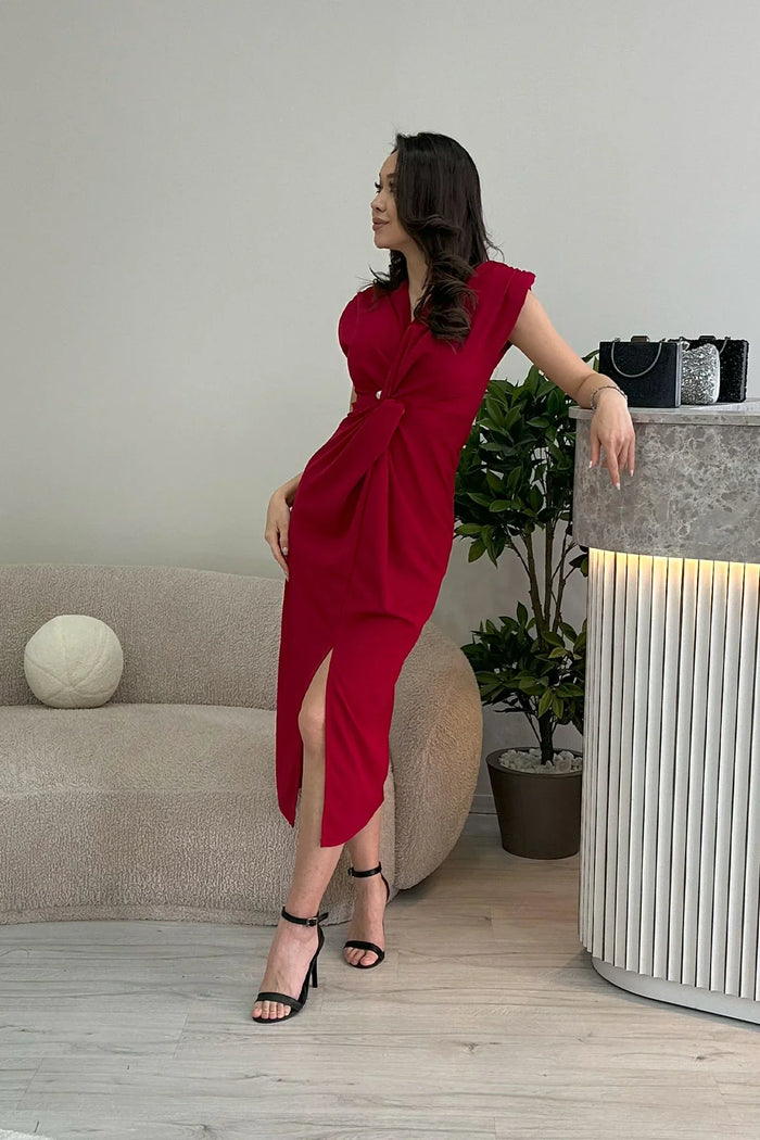 Kadın Kırmızı Kruvaze Yaka İnci Detay Büzgülü Midi Boy Elbise
