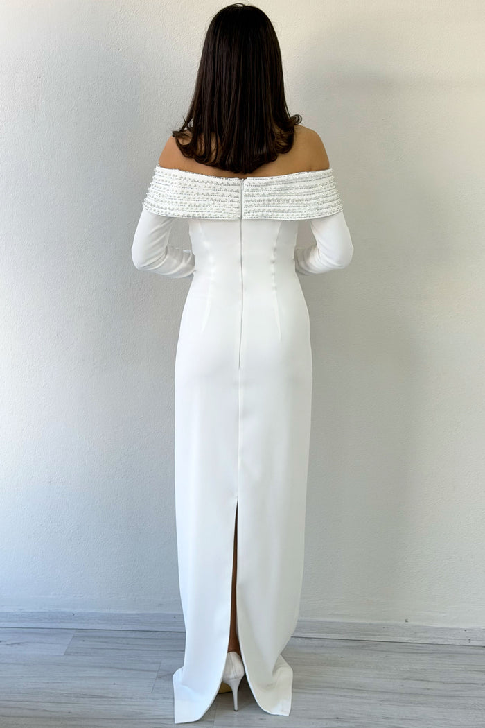 Beyaz Madonna Yaka Boncuk İşlemeli Uzun Kol Balık Nikah Abiye Elbise
