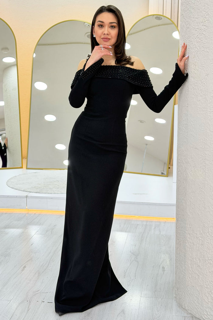 Siyah Madonna Yaka Boncuk İşlemeli Uzun Kol Balık Nikah Abiye Elbise