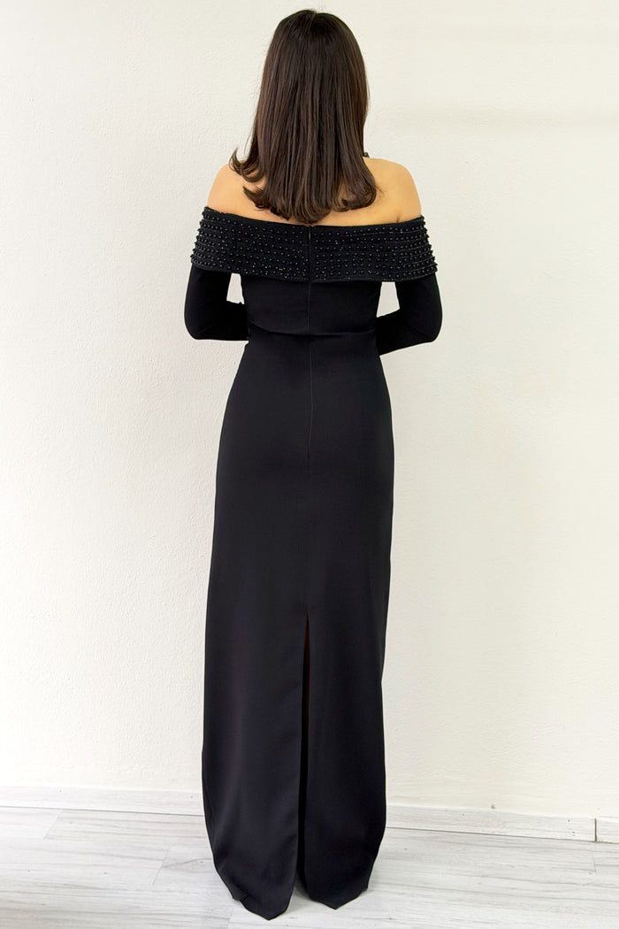 Siyah Madonna Yaka Boncuk İşlemeli Uzun Kol Balık Nikah Abiye Elbise