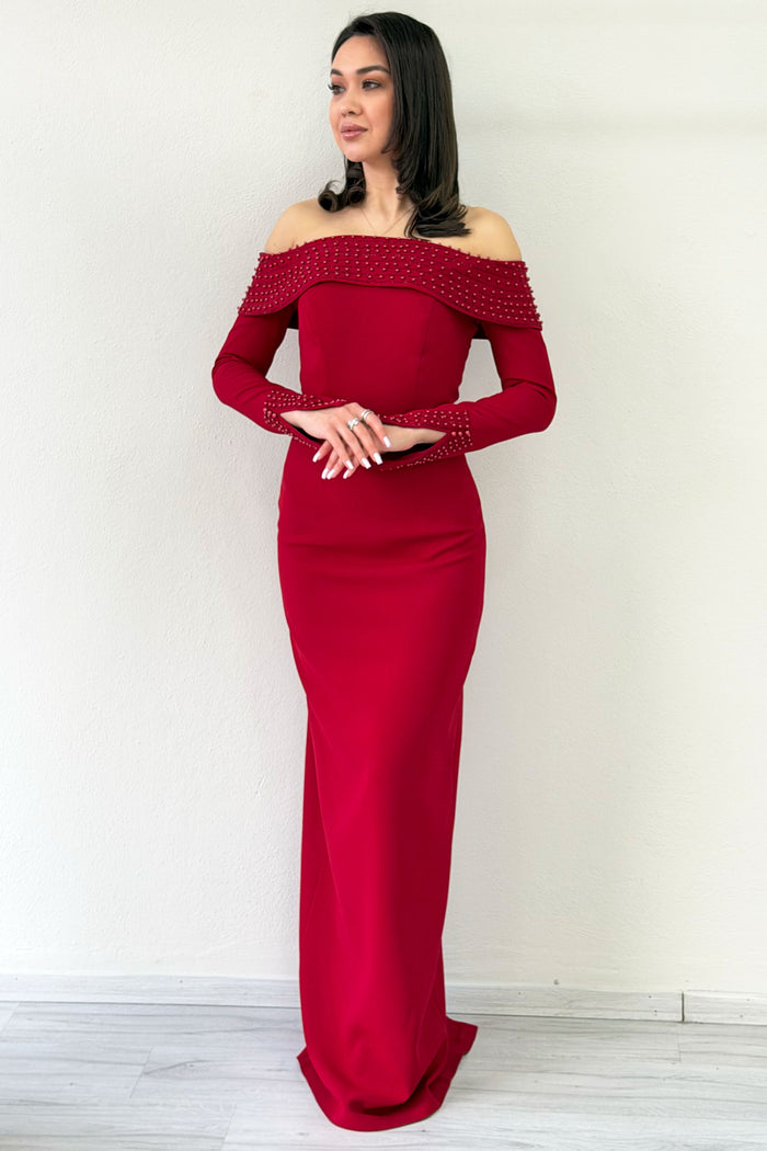 Kırmızı Madonna Yaka Boncuk İşlemeli Uzun Kol Balık Abiye Elbise 