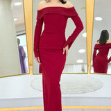 Kırmızı Madonna Yaka Boncuk İşlemeli Uzun Kol Balık Abiye Elbise