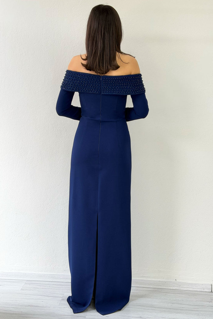 Lacivert Madonna Yaka Boncuk İşlemeli Uzun Kol Balık Abiye Elbise 