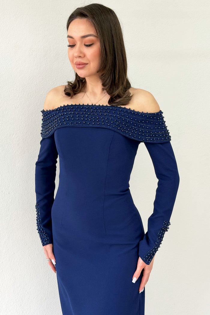 Lacivert Madonna Yaka Boncuk İşlemeli Uzun Kol Balık Abiye Elbise 