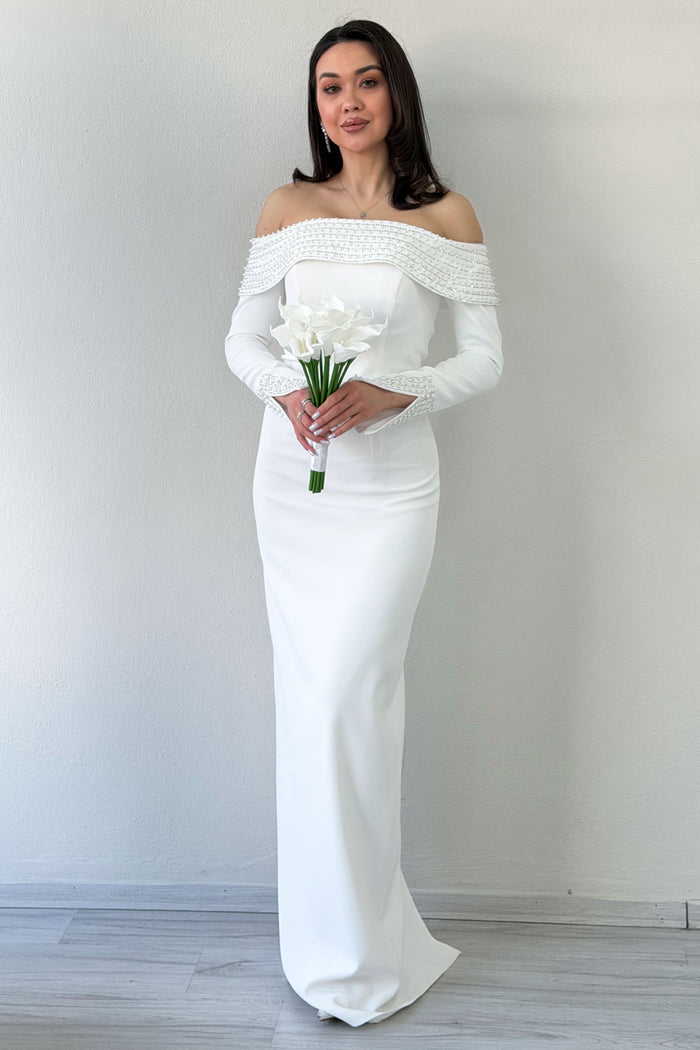 Beyaz Madonna Yaka Boncuk İşlemeli Uzun Kol Balık Nikah Abiye Elbise