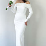 Beyaz Madonna Yaka Boncuk İşlemeli Uzun Kol Balık Nikah Abiye Elbise