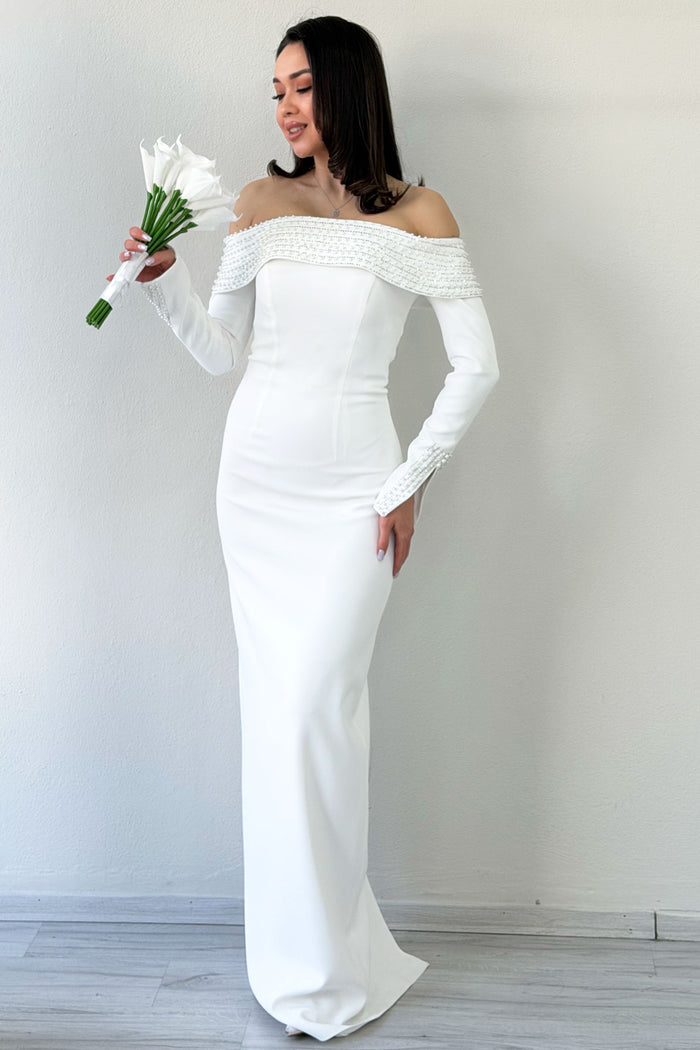 Beyaz Madonna Yaka Boncuk İşlemeli Uzun Kol Balık Nikah Abiye Elbise