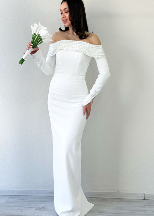 Beyaz Madonna Yaka Boncuk İşlemeli Uzun Kol Balık Nikah Abiye Elbise