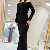 Siyah Madonna Yaka Boncuk İşlemeli Uzun Kol Balık Abiye Elbise