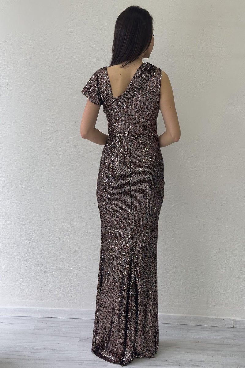 Kadın Vizon Asimetrik Yaka Pul Payet Büyük Beden Balık Abiye Elbise