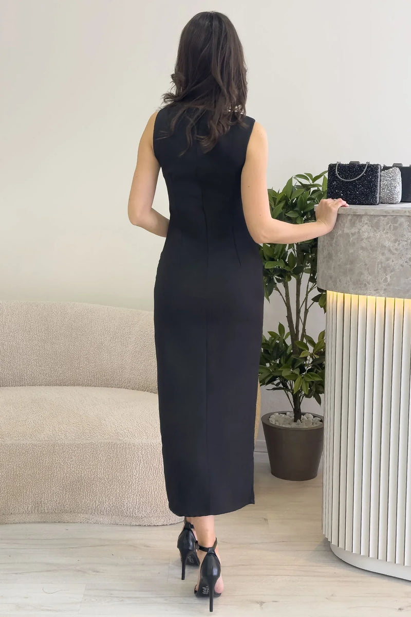 Siyah Sıfır Kol Taş Detay Midi Boy Yırtmaçlı Kalem Elbise