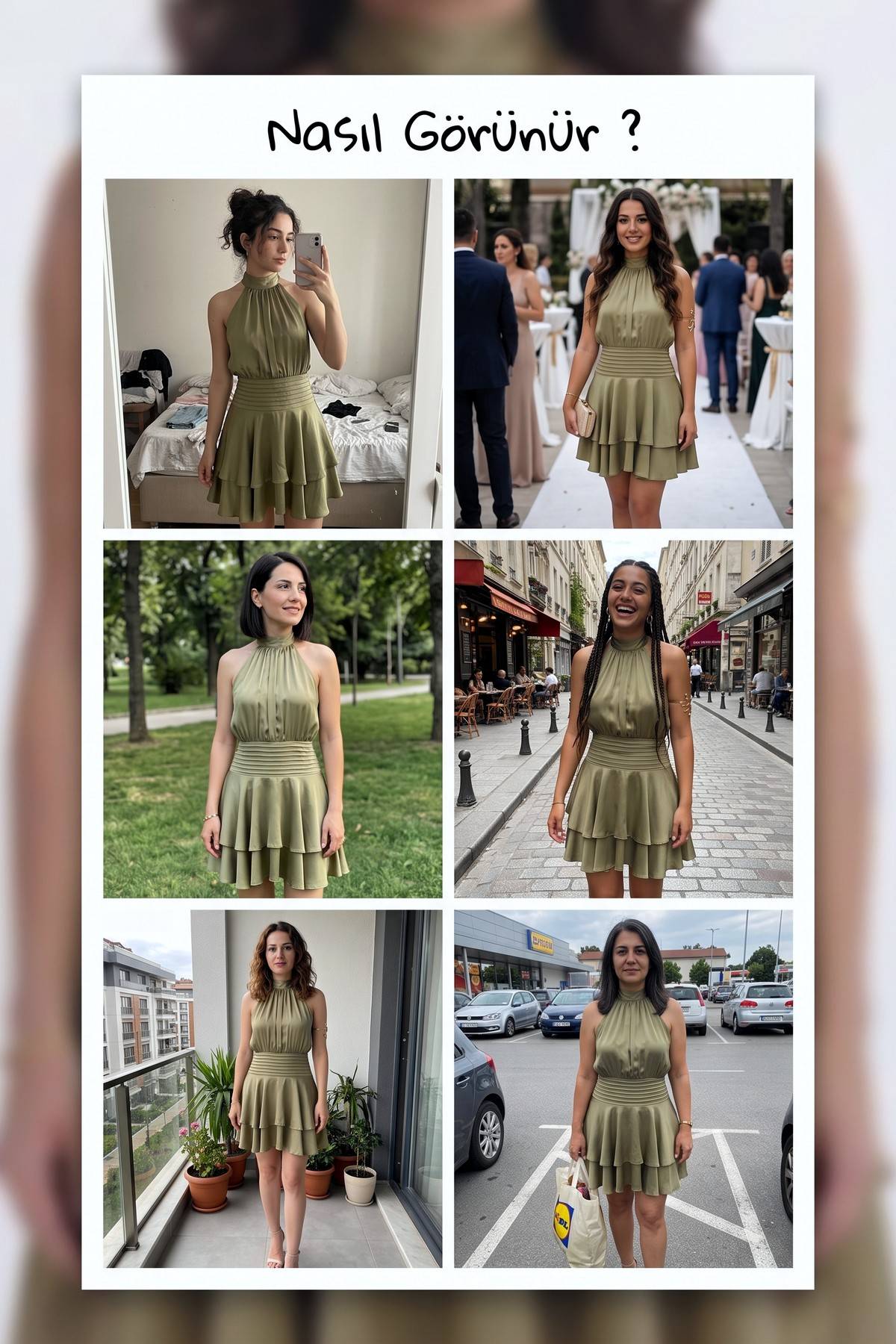 The ZKS yağ yeşili halter yaka mini elbise farklı mekanlarda giyilmiş halleri, elbisenin çok yönlülüğünü gösteriyor