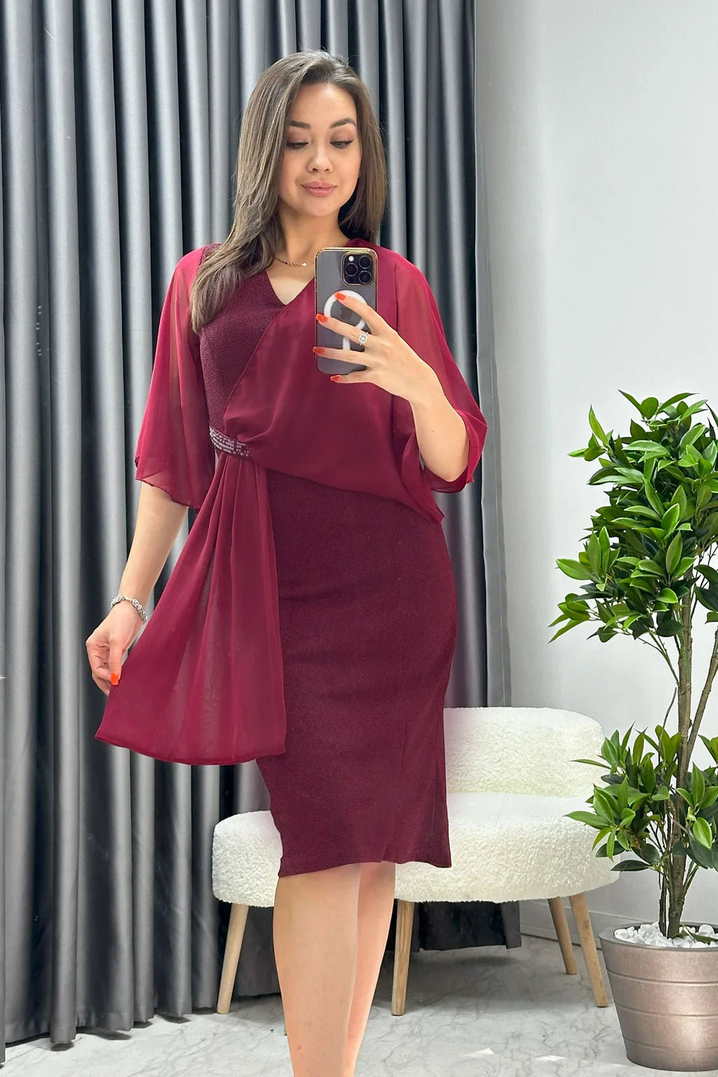 Kadın Bordo Taş Detaylı Volan Kol Simli Abiye Elbise