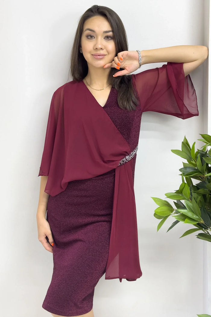Kadın Bordo Taş Detaylı Volan Kol Simli Abiye Elbise