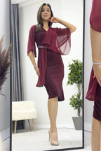 Kadın Bordo Taş Detaylı Volan Kol Simli Abiye Elbise