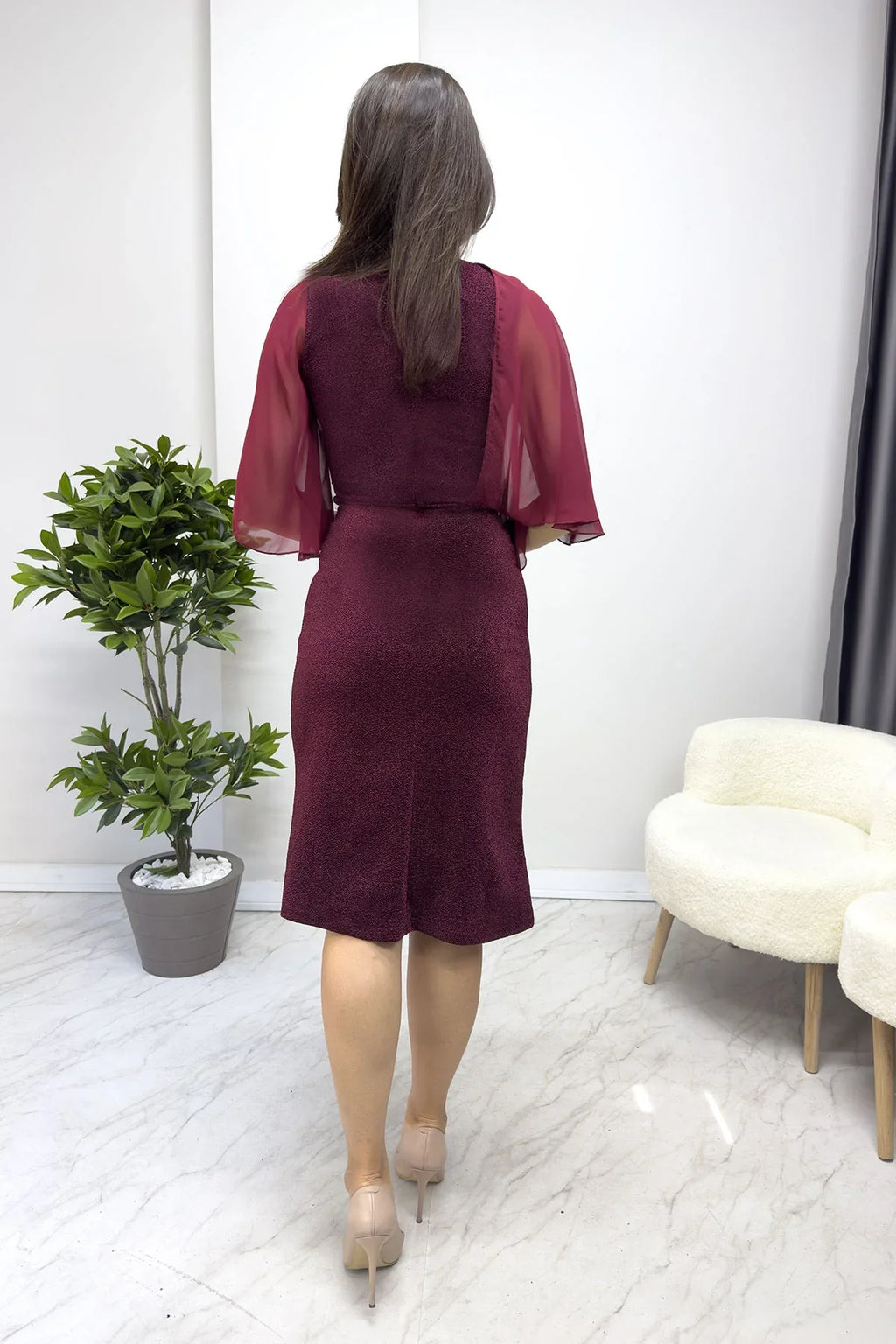 Kadın Bordo Taş Detaylı Volan Kol Simli Abiye Elbise