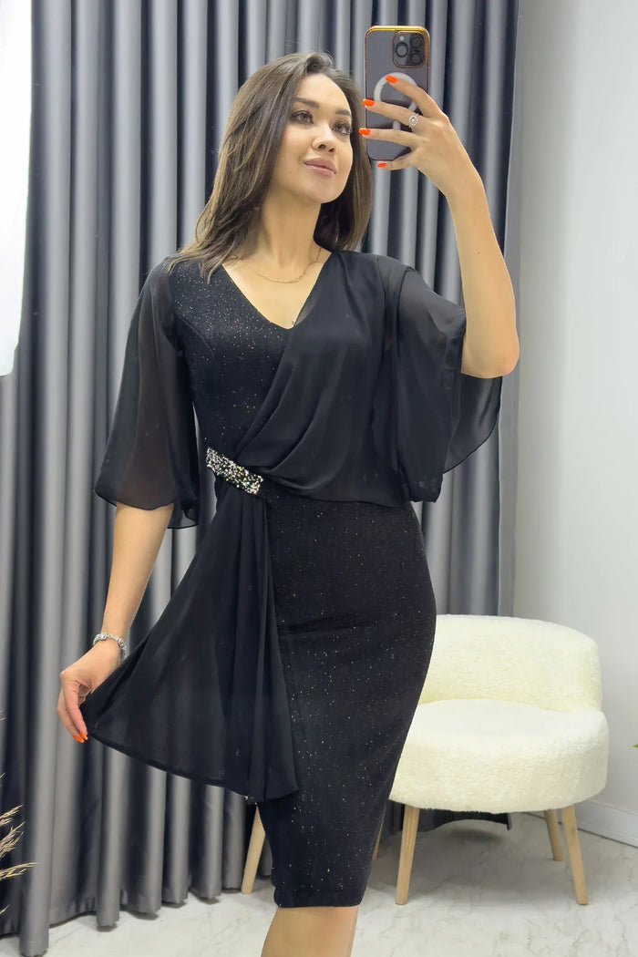 Kadın Siyah Taş Detaylı Volan Kol Simli Abiye Elbise