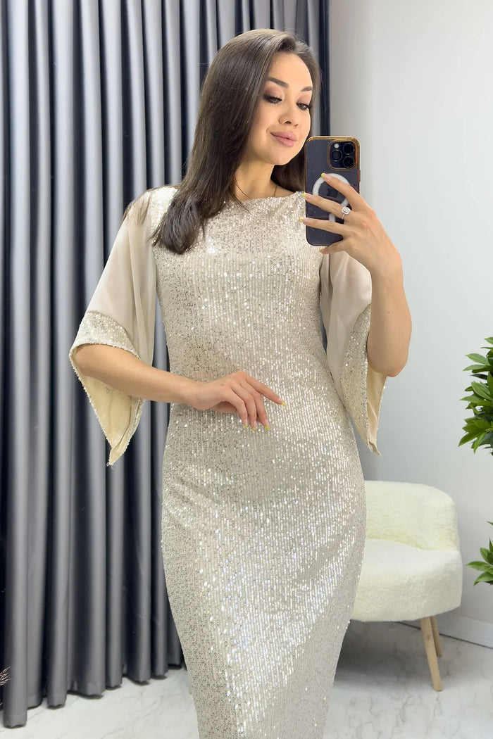 Kadın Bej Midi Boy Pul Payet Şifon Tasarım Yarım Kol Büyük Beden Abiye Elbise