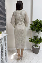 Kadın Bej Midi Boy Pul Payet Şifon Tasarım Yarım Kol Büyük Beden Abiye Elbise