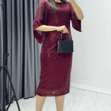 Kadın Bordo Midi Boy Pul Payet Şifon Tasarım Yarım Kol Büyük Beden Abiye Elbise