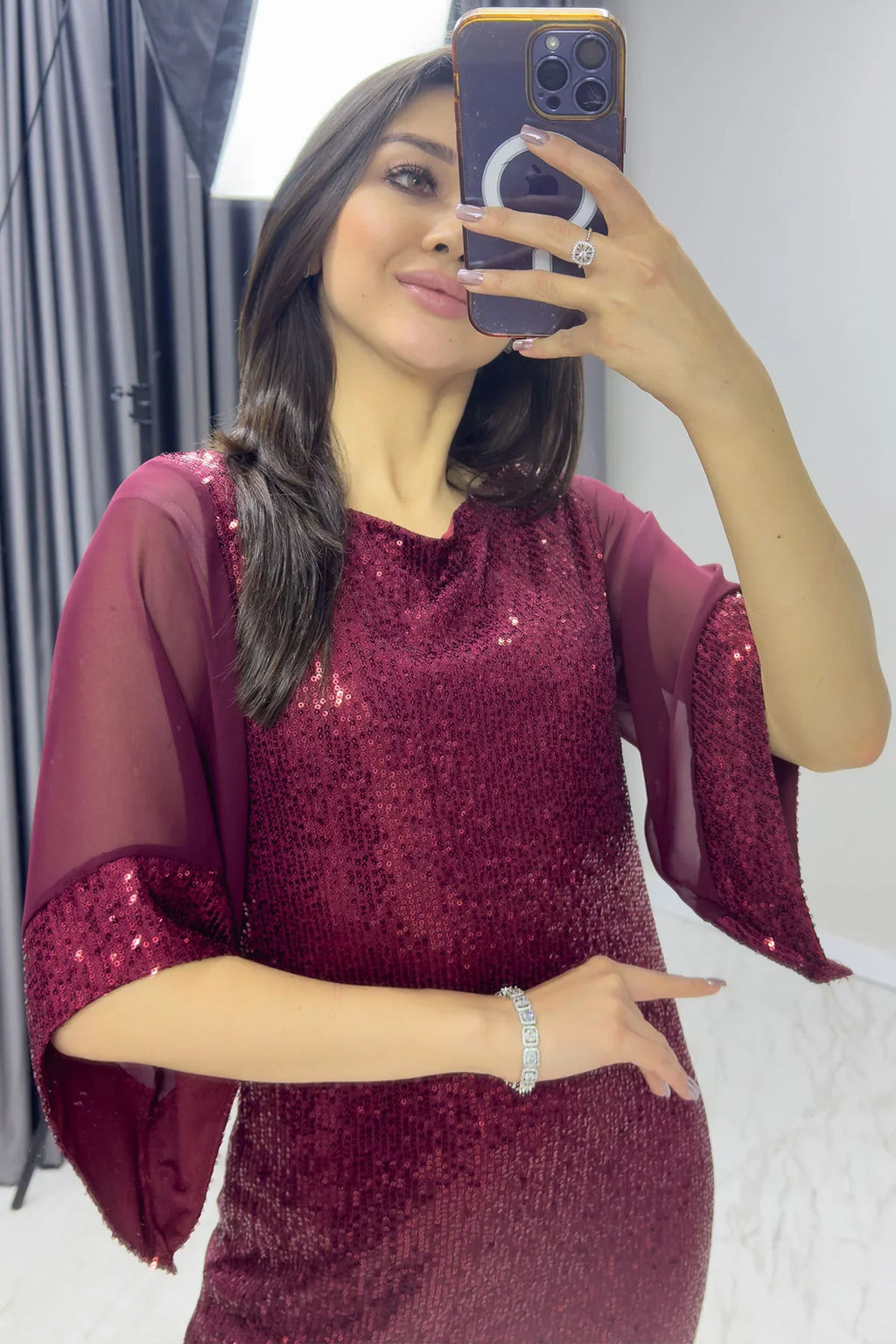 Kadın Bordo Midi Boy Pul Payet Şifon Tasarım Yarım Kol Büyük Beden Abiye Elbise

