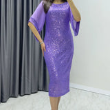 Kadın Lila Midi Boy Pul Payet Şifon Tasarım Yarım Kol Büyük Beden Abiye Elbise