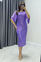 Kadın Lila Midi Boy Pul Payet Şifon Tasarım Yarım Kol Büyük Beden Abiye Elbise

