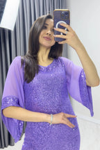 Kadın Lila Midi Boy Pul Payet Şifon Tasarım Yarım Kol Büyük Beden Abiye Elbise

