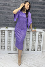 Kadın Lila Midi Boy Pul Payet Şifon Tasarım Yarım Kol Büyük Beden Abiye Elbise

