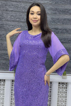 Kadın Lila Midi Boy Pul Payet Şifon Tasarım Yarım Kol Büyük Beden Abiye Elbise

