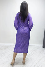 Kadın Lila Midi Boy Pul Payet Şifon Tasarım Yarım Kol Büyük Beden Abiye Elbise

