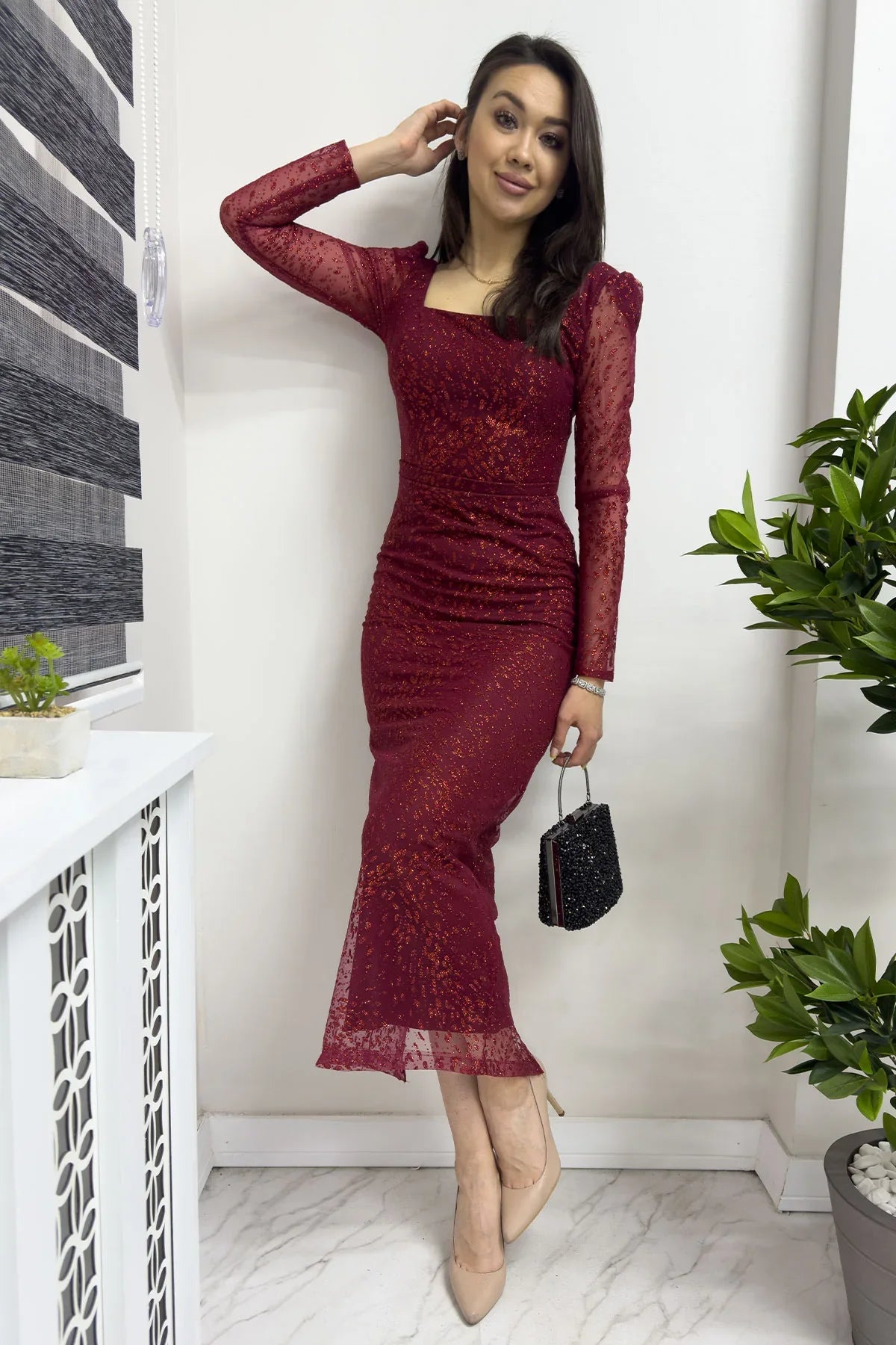 Bordo Kare Yaka Simli Midi Kalem Abiye Elbise Yeni Desen