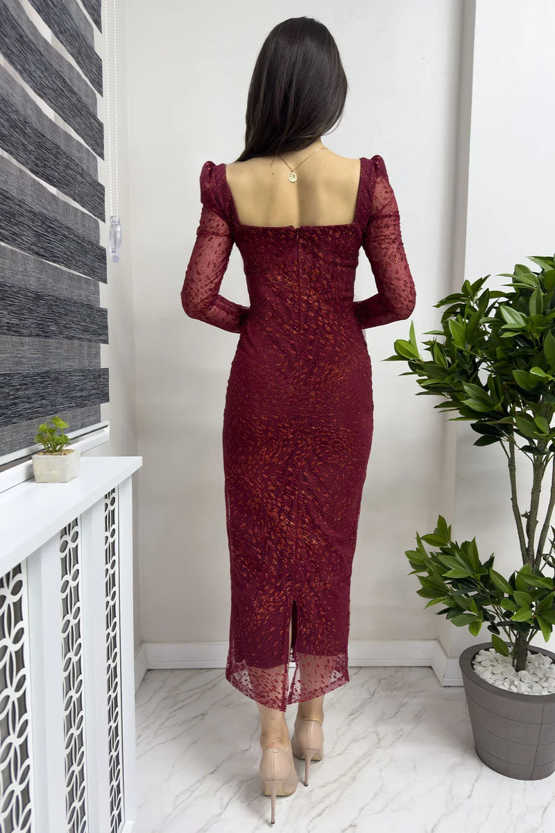 Bordo Kare Yaka Simli Midi Kalem Abiye Elbise Yeni Desen