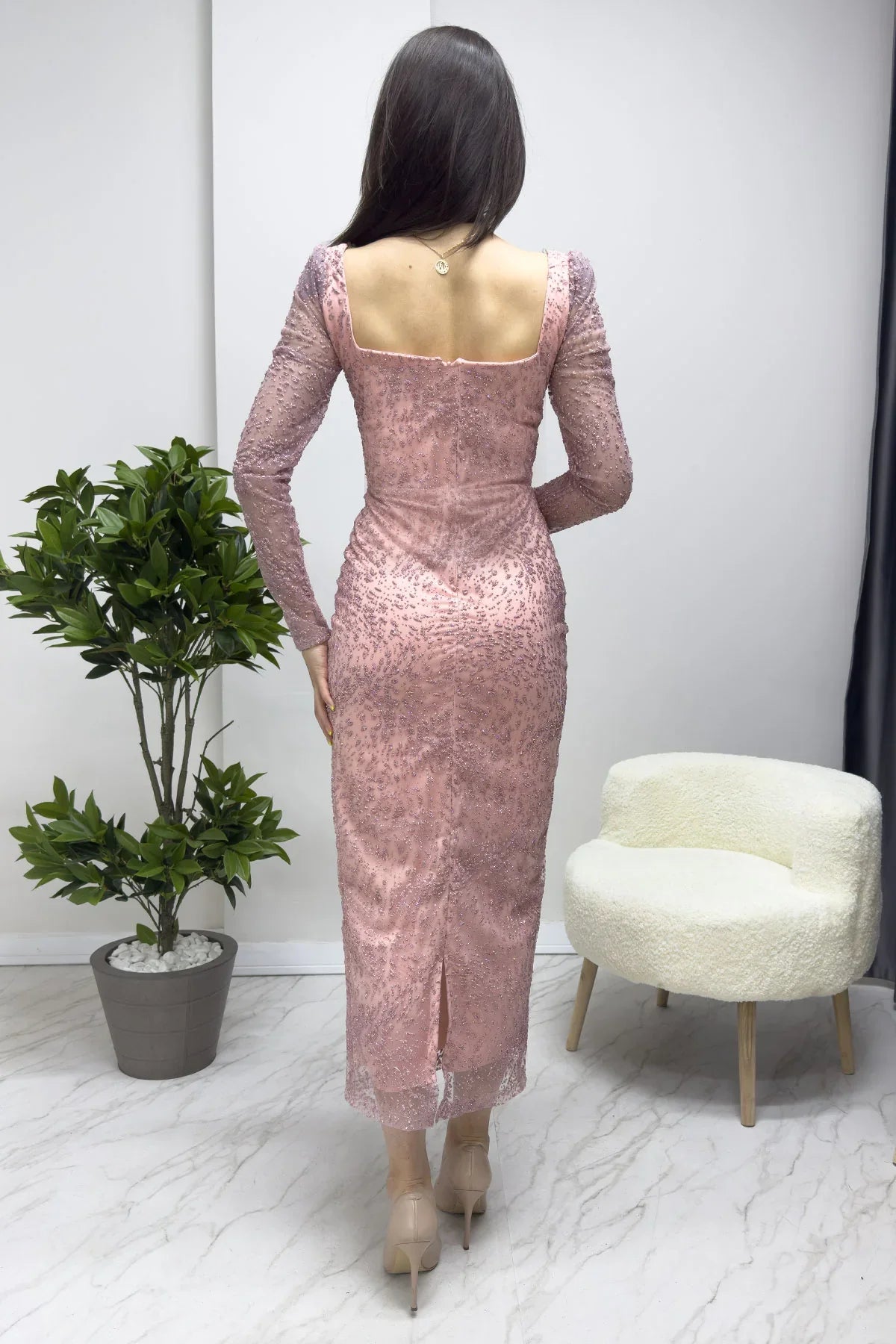 Pembe Kare Yaka Simli Midi Kalem Abiye Elbise Yeni Desen