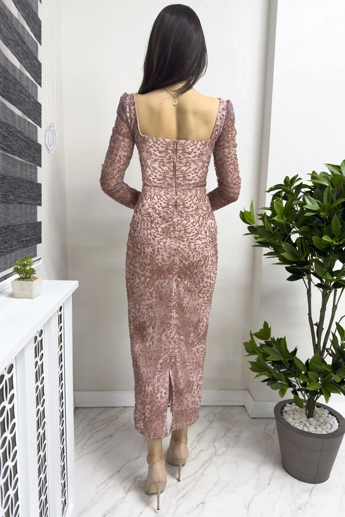 Pudra Kare Yaka Simli Midi Kalem Abiye Elbise Yeni Desen