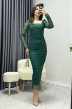 Zümrüt Yeşili Kare Yaka Simli Midi Kalem Yeni Desen Abiye Elbise