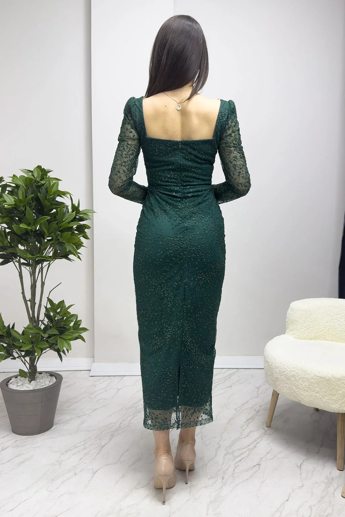 Zümrüt Yeşili Kare Yaka Simli Midi Kalem Yeni Desen Abiye Elbise