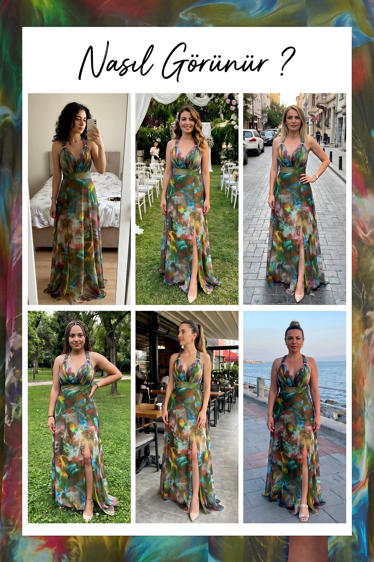 The ZKS yeşil batik desenli elbise, farklı mekanlarda ve modellerle giyilmiş halini gösteren kolaj