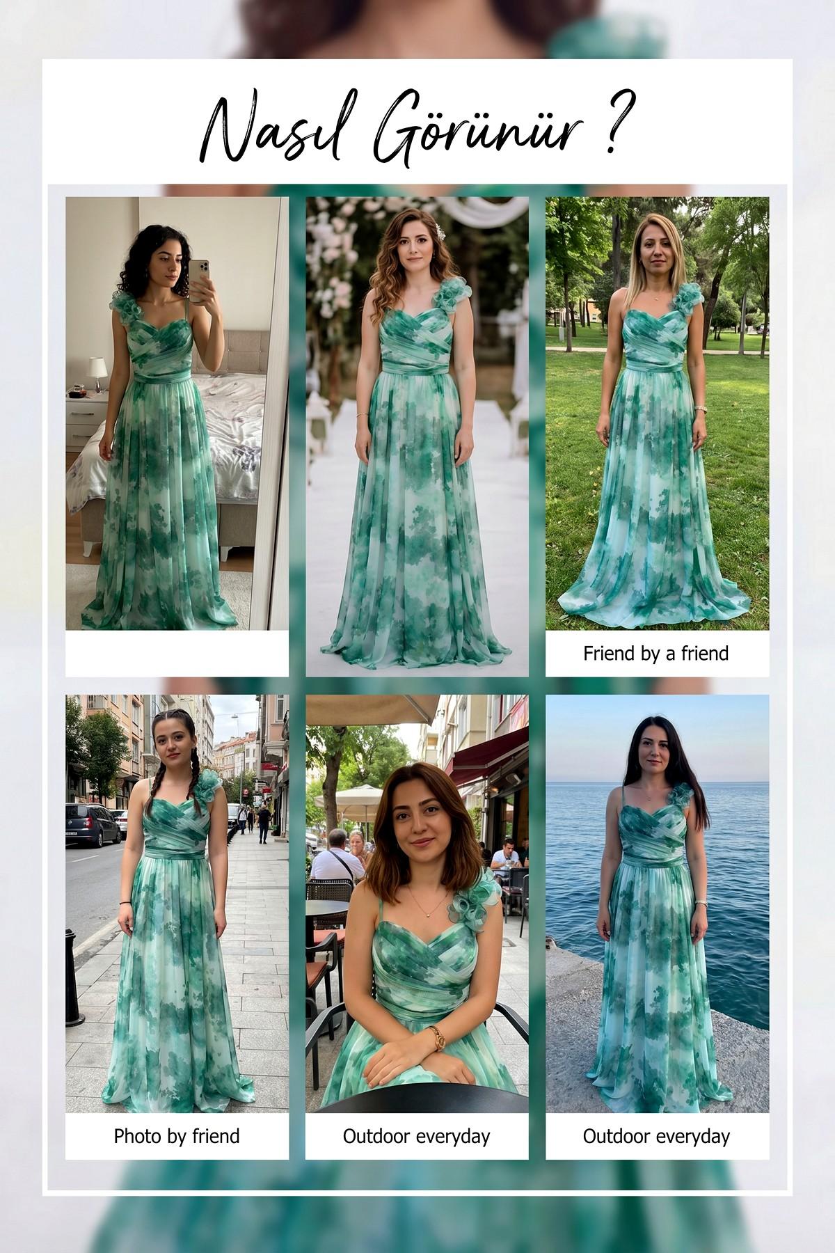 Yeşil batik desenli tek omuz abiye elbise, farklı ortamlarda giyim önerileri