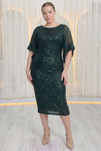 ZKS büyük beden yeşil pulpayet midi abiye elbise, şeffaf kollu, önden görünüm