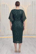 ZKS büyük beden yeşil pulpayet midi abiye elbise, şeffaf kollu, arkadan tam görünüm