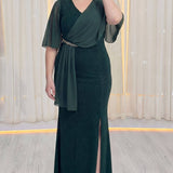 Yeşil Büyük Beden Yan Taşlı Şifon Kol Abiye Elbise