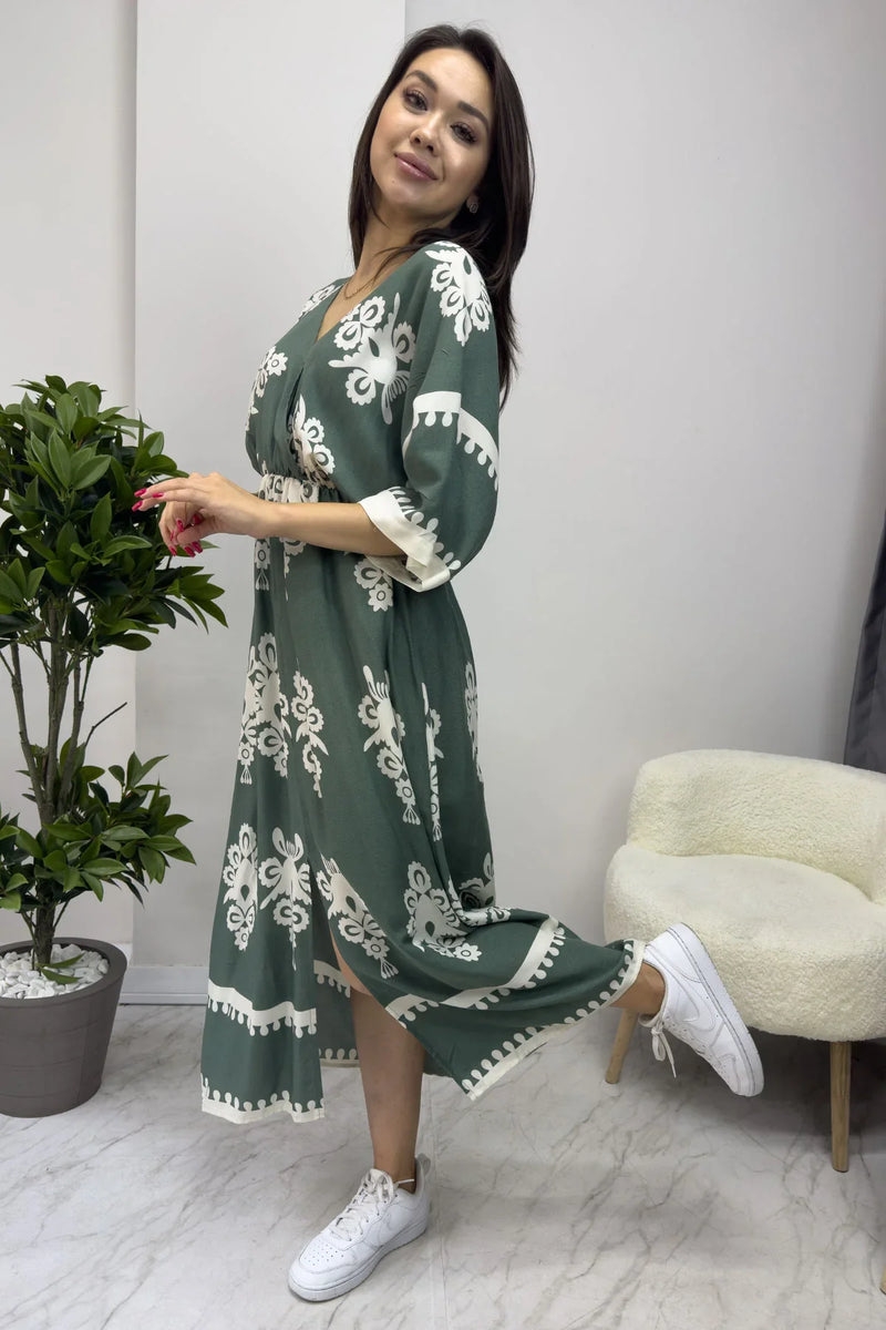 Kadın Yeşil Yırtmaç Detaylı Kruvaze Yaka Uzun Yazlık Elbise