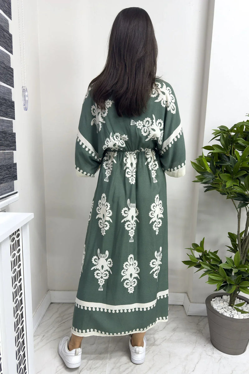 Kadın Yeşil Yırtmaç Detaylı Kruvaze Yaka Uzun Yazlık Elbise