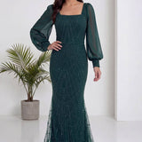 Yeşil Kare Yaka Şifon Kol İşlemeli Balık Abiye Elbise