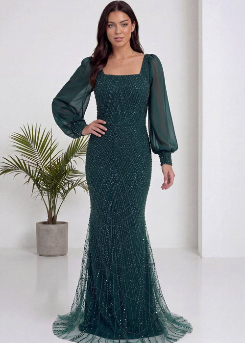 Yeşil Kare Yaka Şifon Kol İşlemeli Balık Abiye Elbise